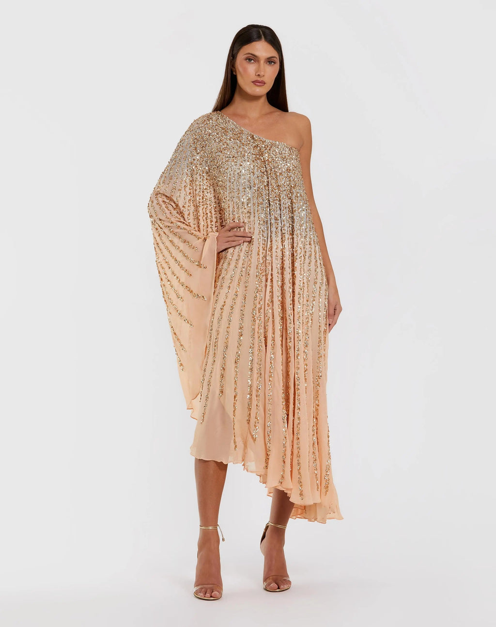 Light Orange One Shoulder Ombre Sequin Kaftan Dress
