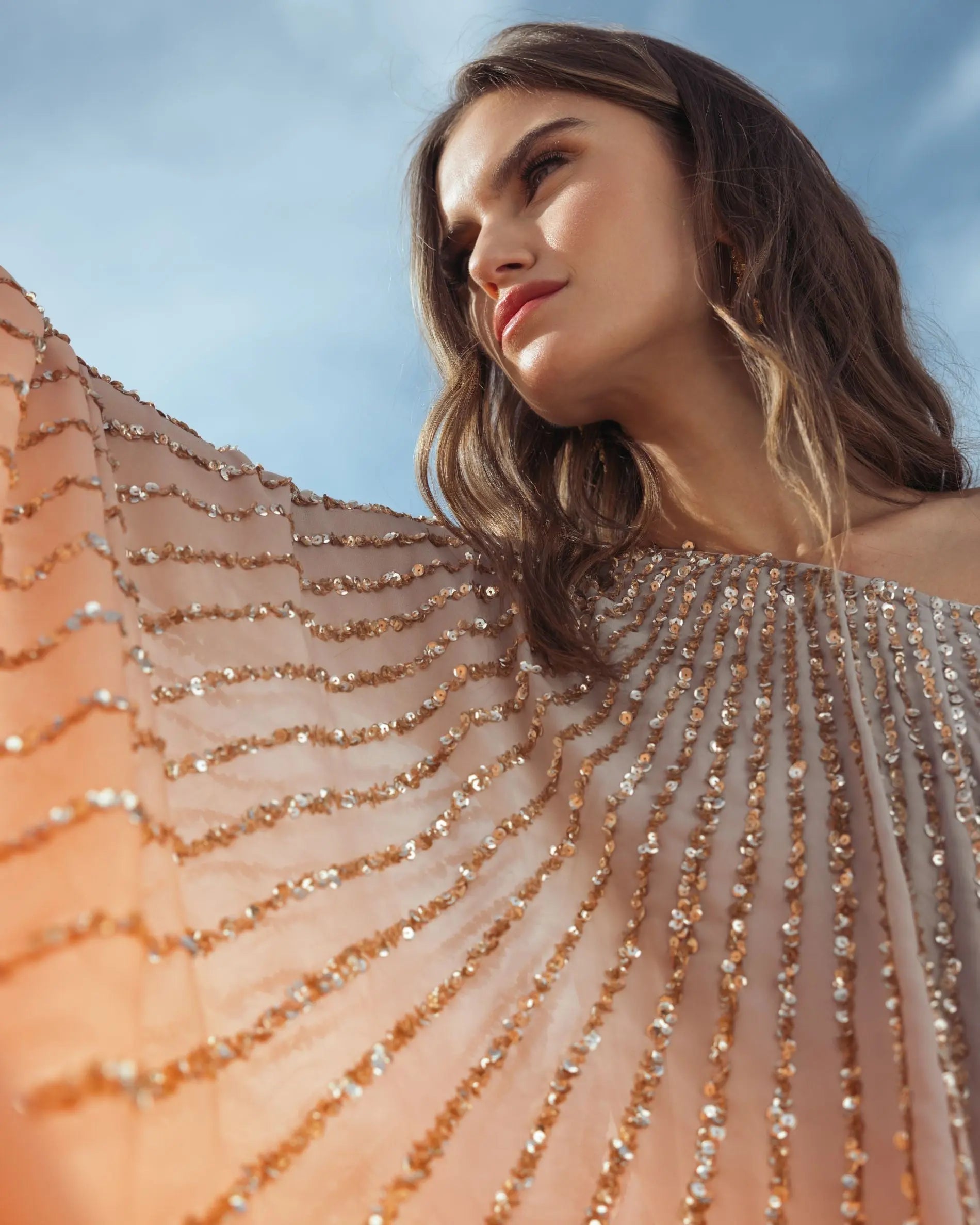 Light Orange One Shoulder Ombre Sequin Kaftan Dress