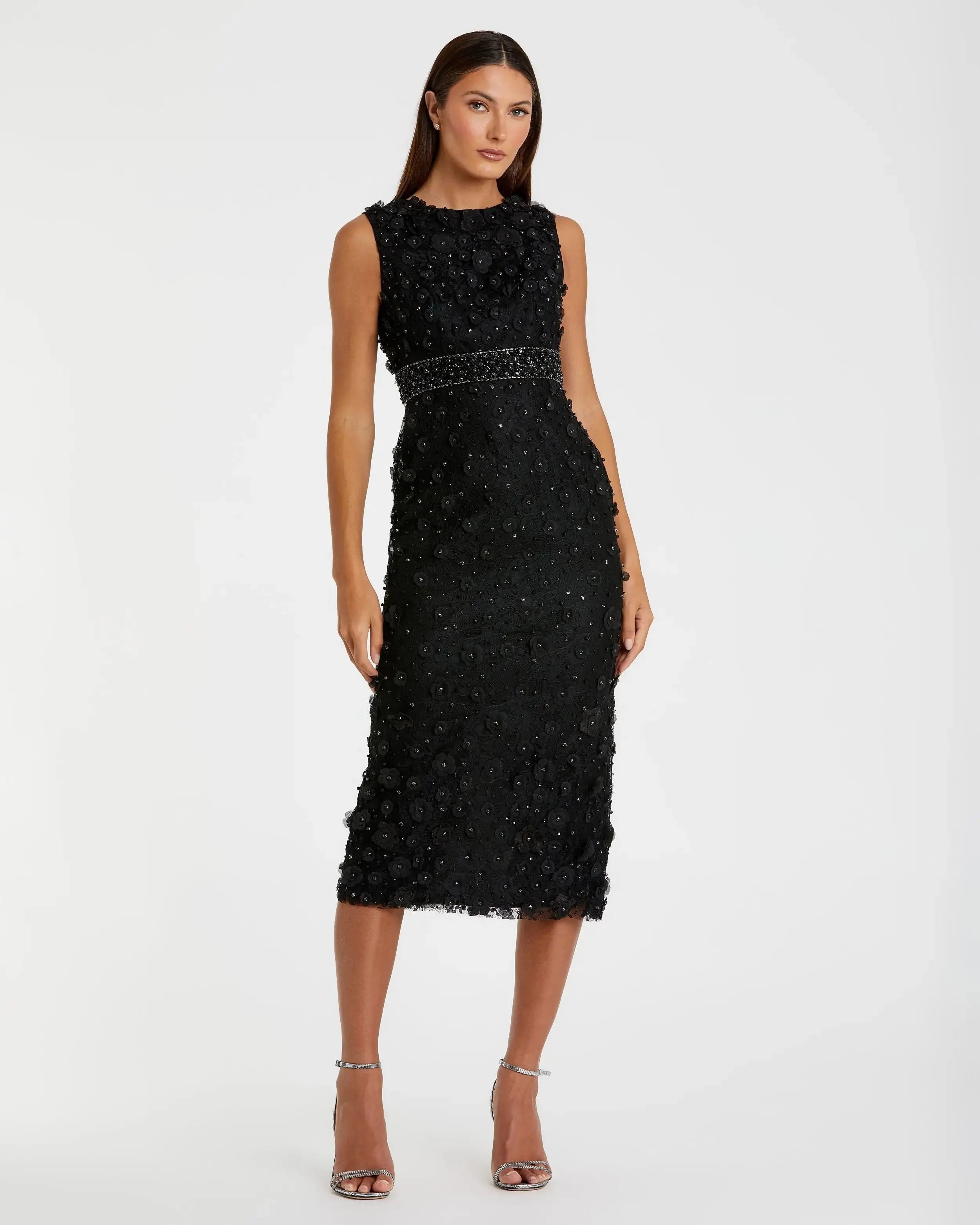 Black Floral Applique Sleeveless Midi Dress