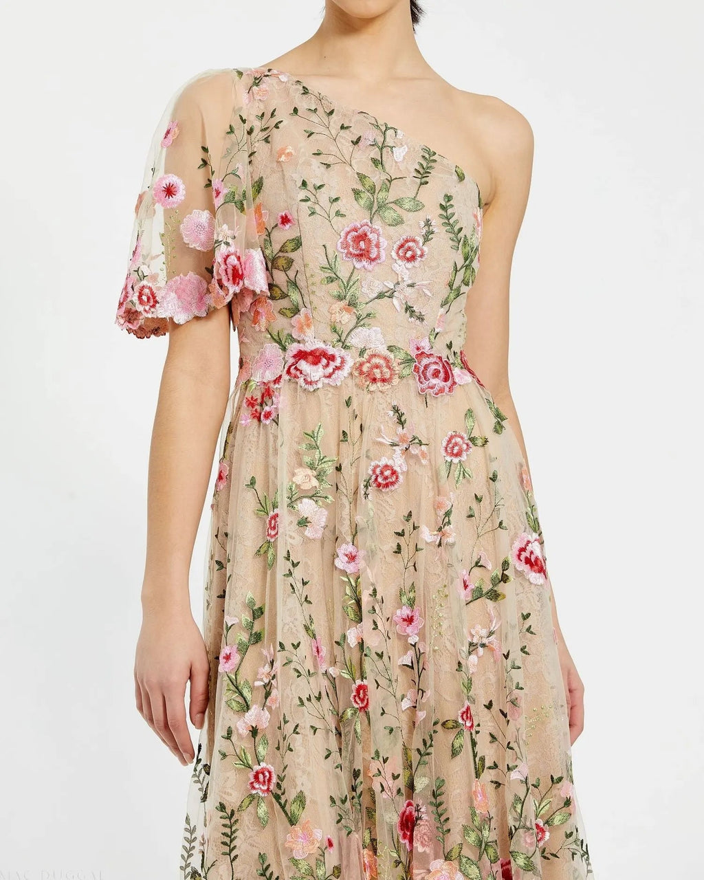 Pink One Shoulder Lace Embroidered Dress