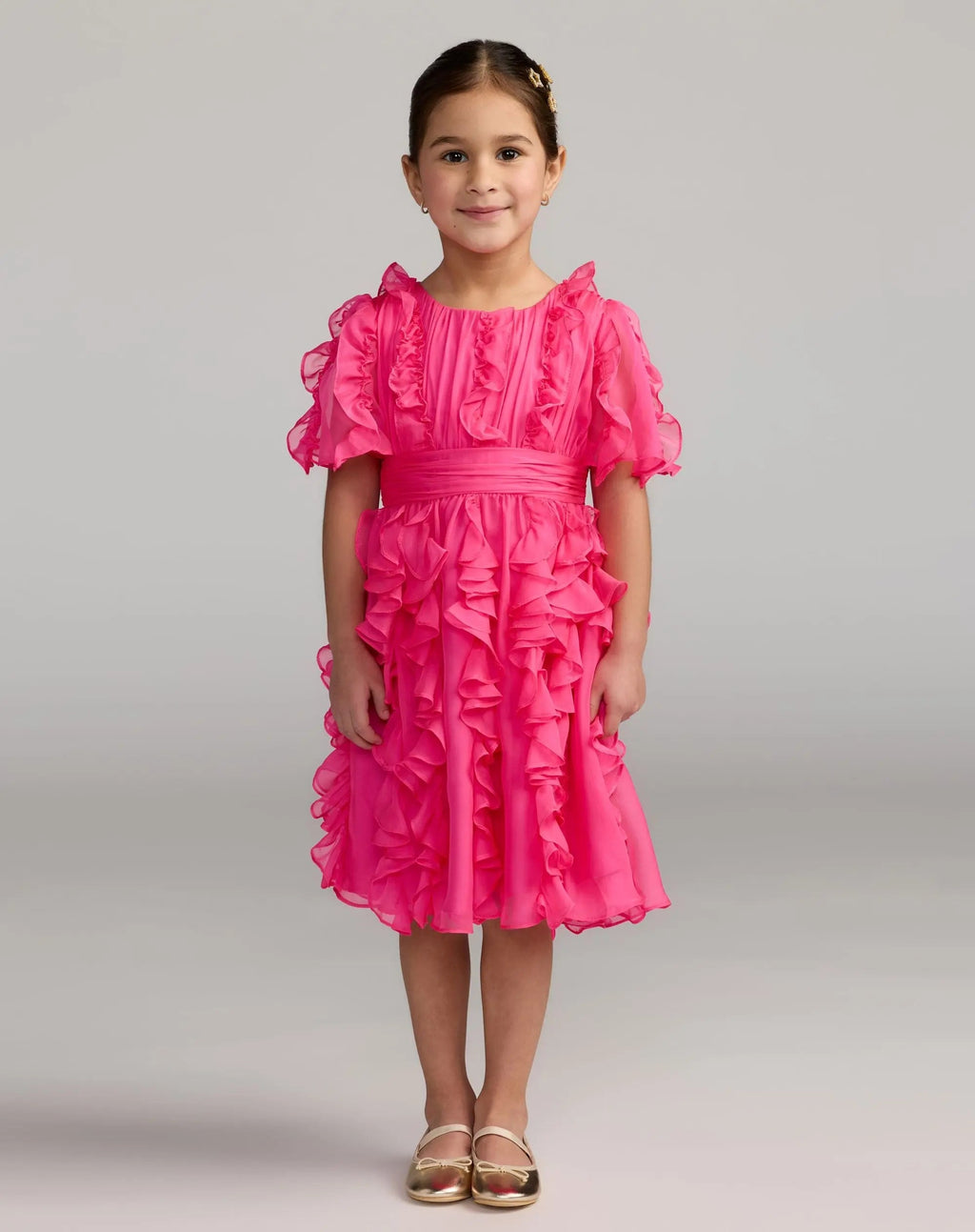 Girls Pink Chiffon High Neck Ruffle Dress