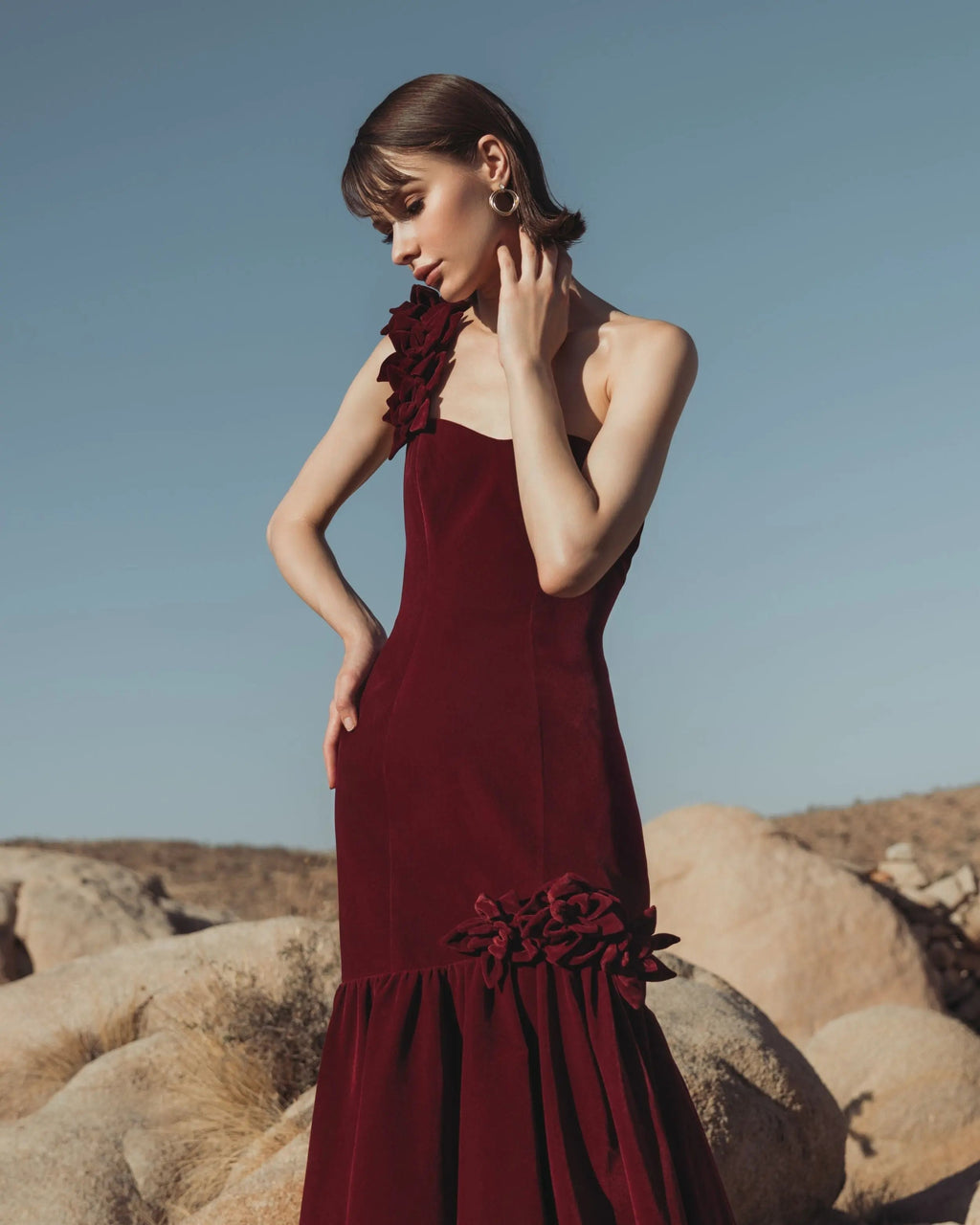 Dark Red Velvet One Shoulder Trumpet Gown With Flowers