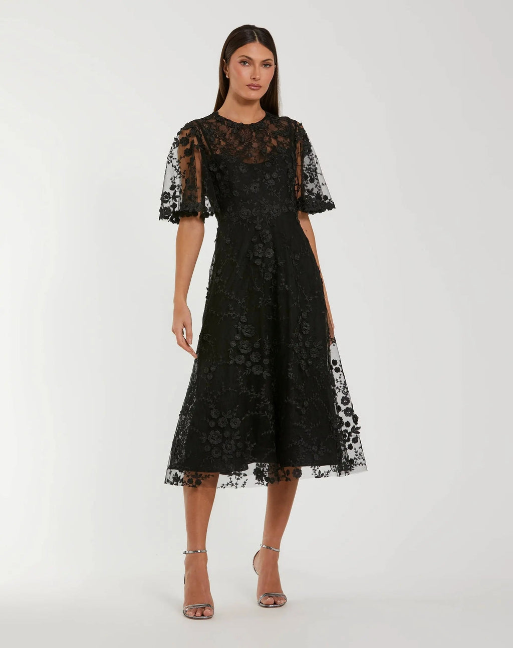 Floral Embroidered Mesh Midi Dress with Flutter Sleeves