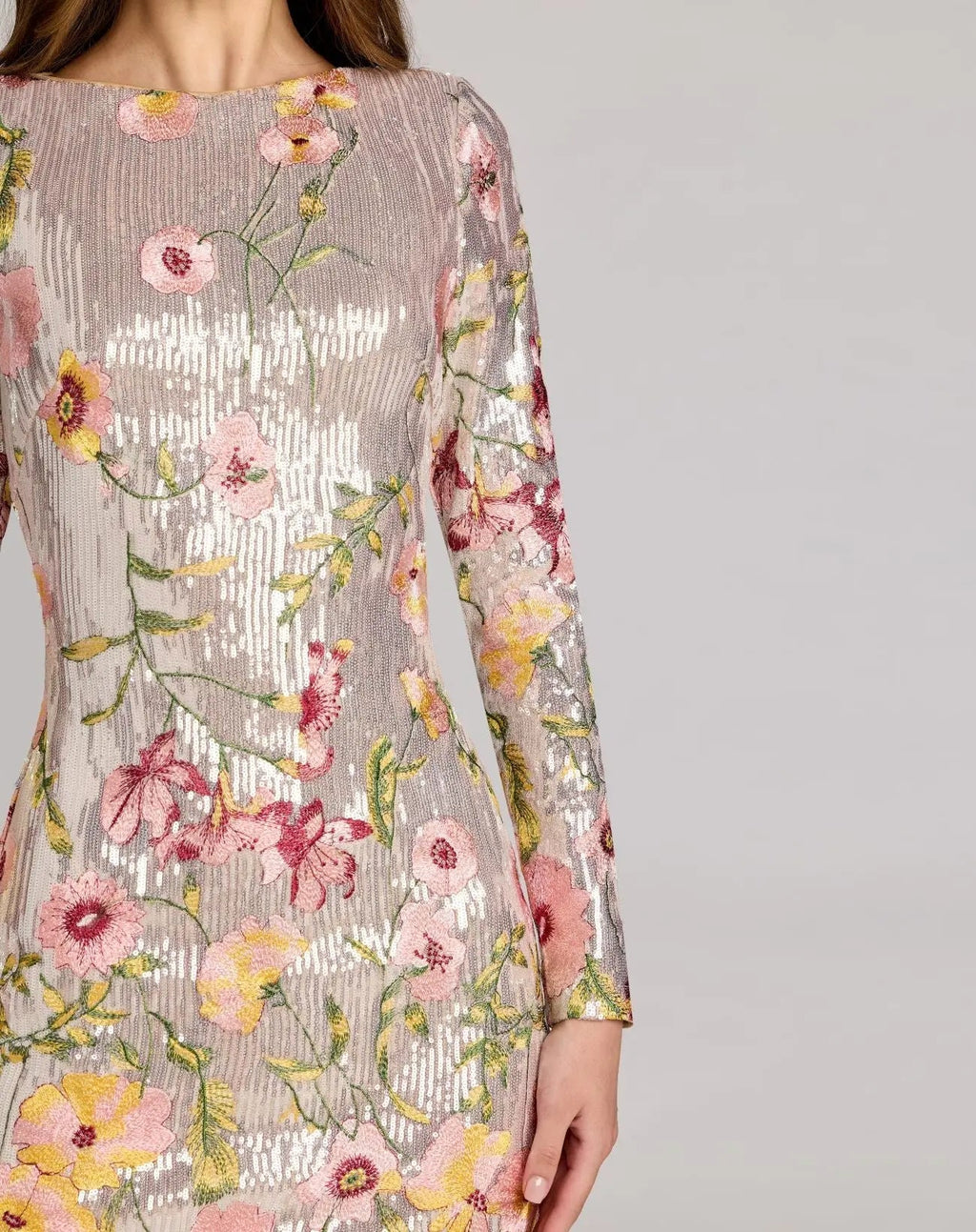 Silver Long Sleeve Floral Embroidered Sequin Mini Dress