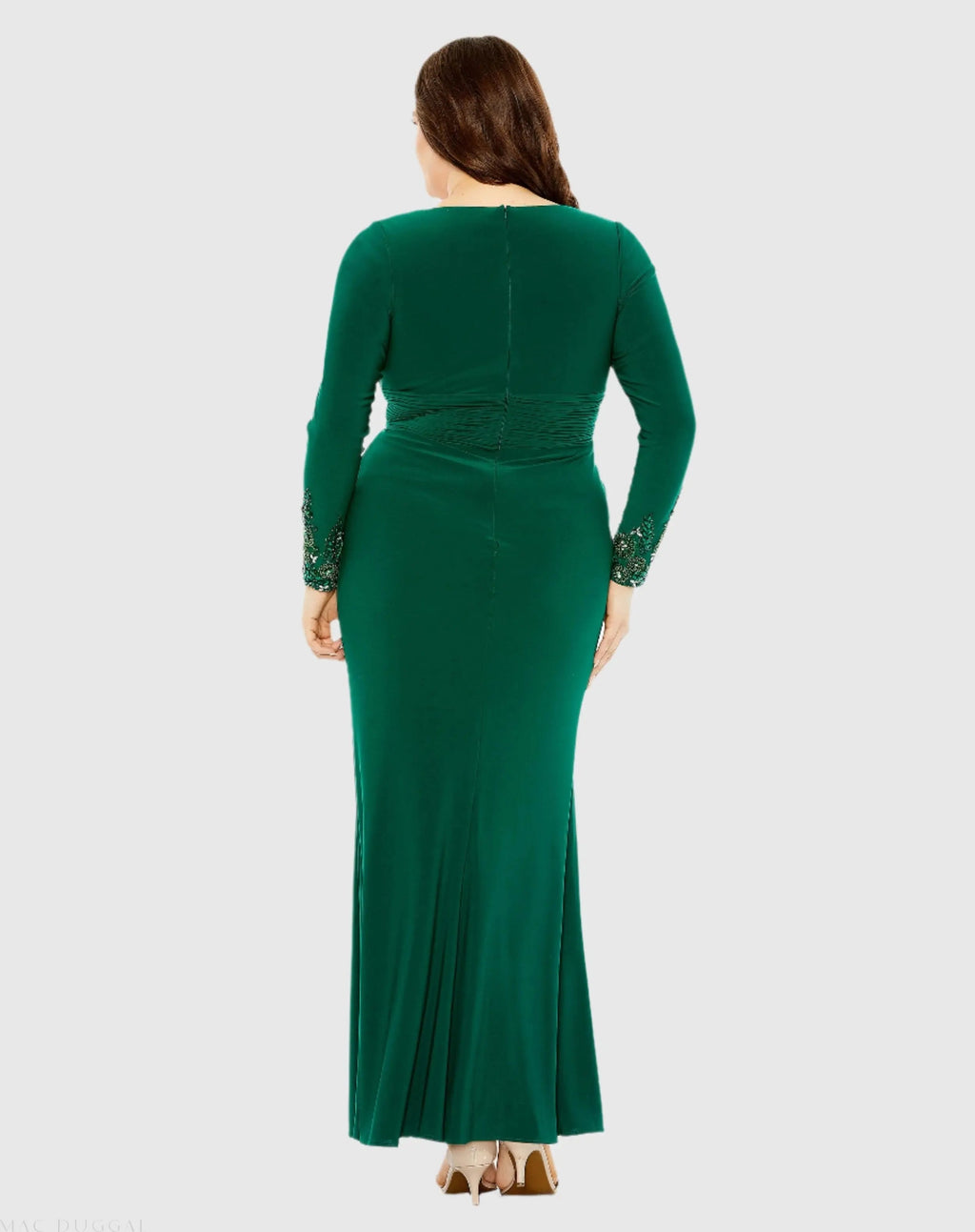 Green Long Crystal Detail Sleeve V Neck Gown - FINAL SALE