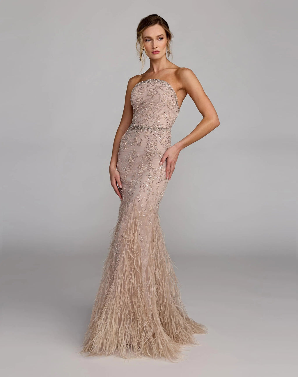 Beige Strapless Embellished Mermaid Gown With Feather Hem