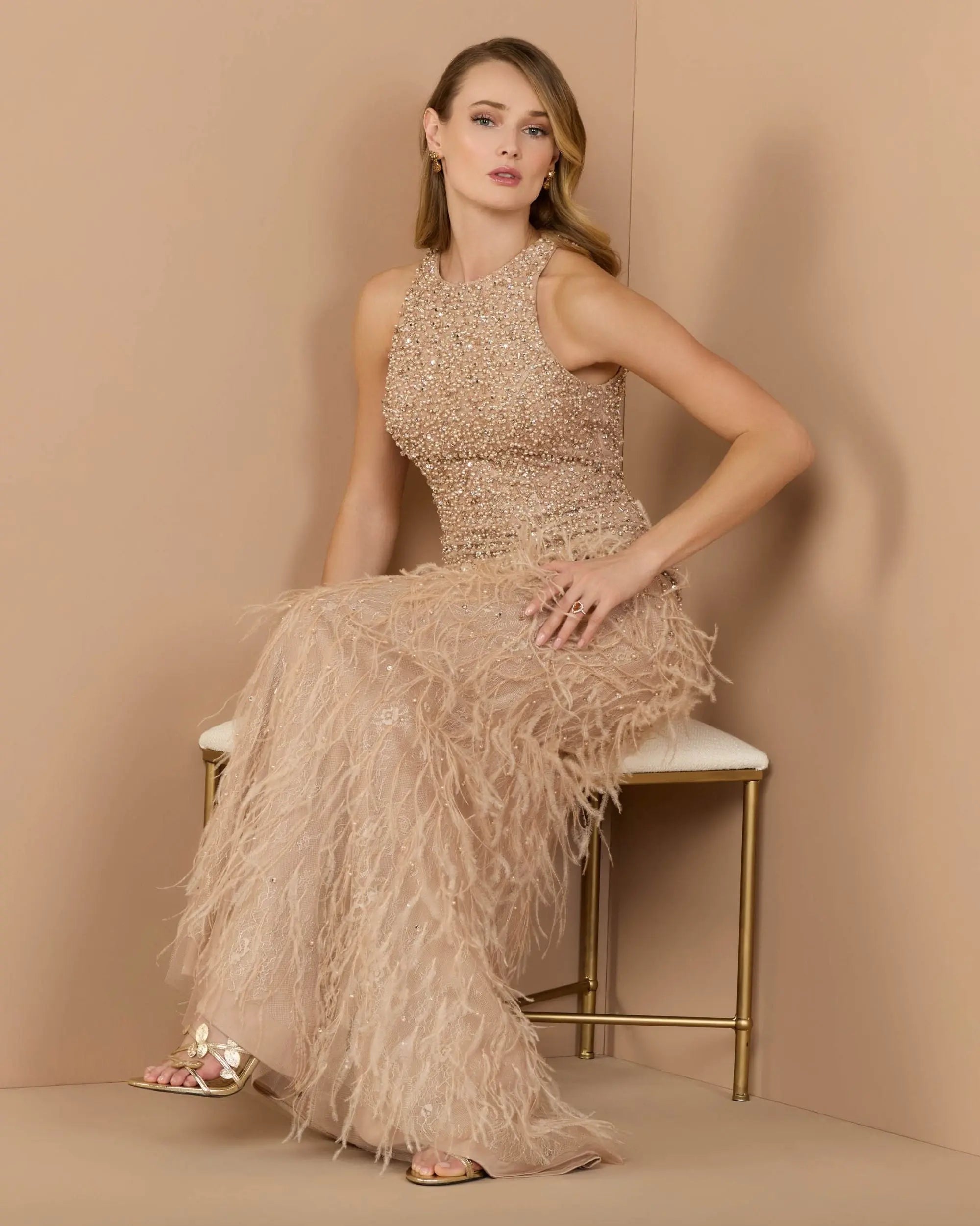 Beige Embellished Lace Sleeveless Feather Gown
