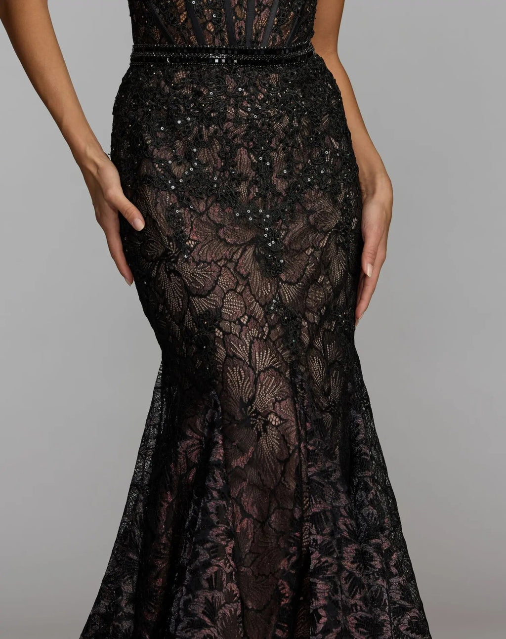 Black Embellished Lace Strapless Trumpet Gown