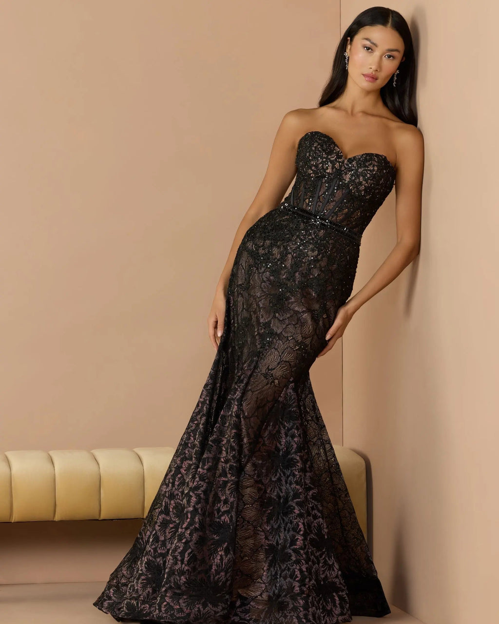 Black Embellished Lace Strapless Trumpet Gown