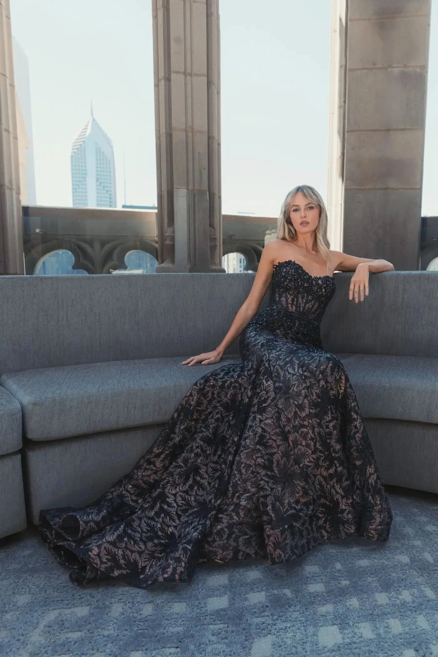Black Embellished Lace Strapless Trumpet Gown
