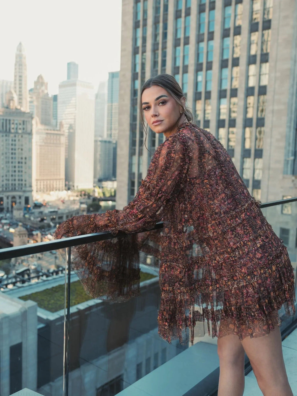 Brown Floral Print Long Flare Sleeve Mesh A-Line Dress - FINAL SALE
