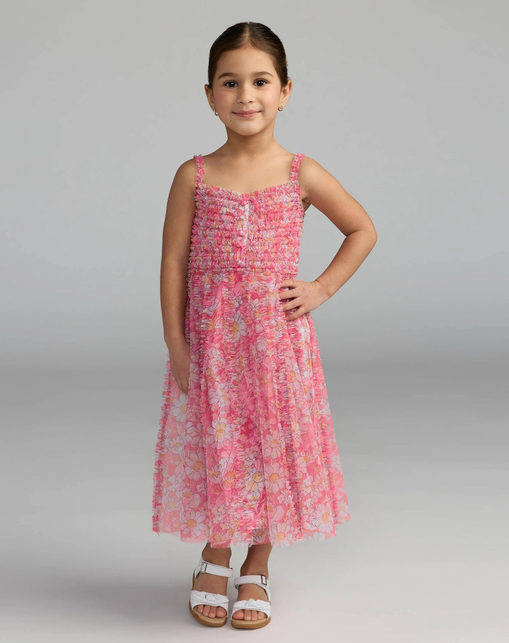 Girls Pink Floral Print Ruffle Mini Dress