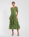 Green Short Sleeve Micro Ruffle Midi Dress