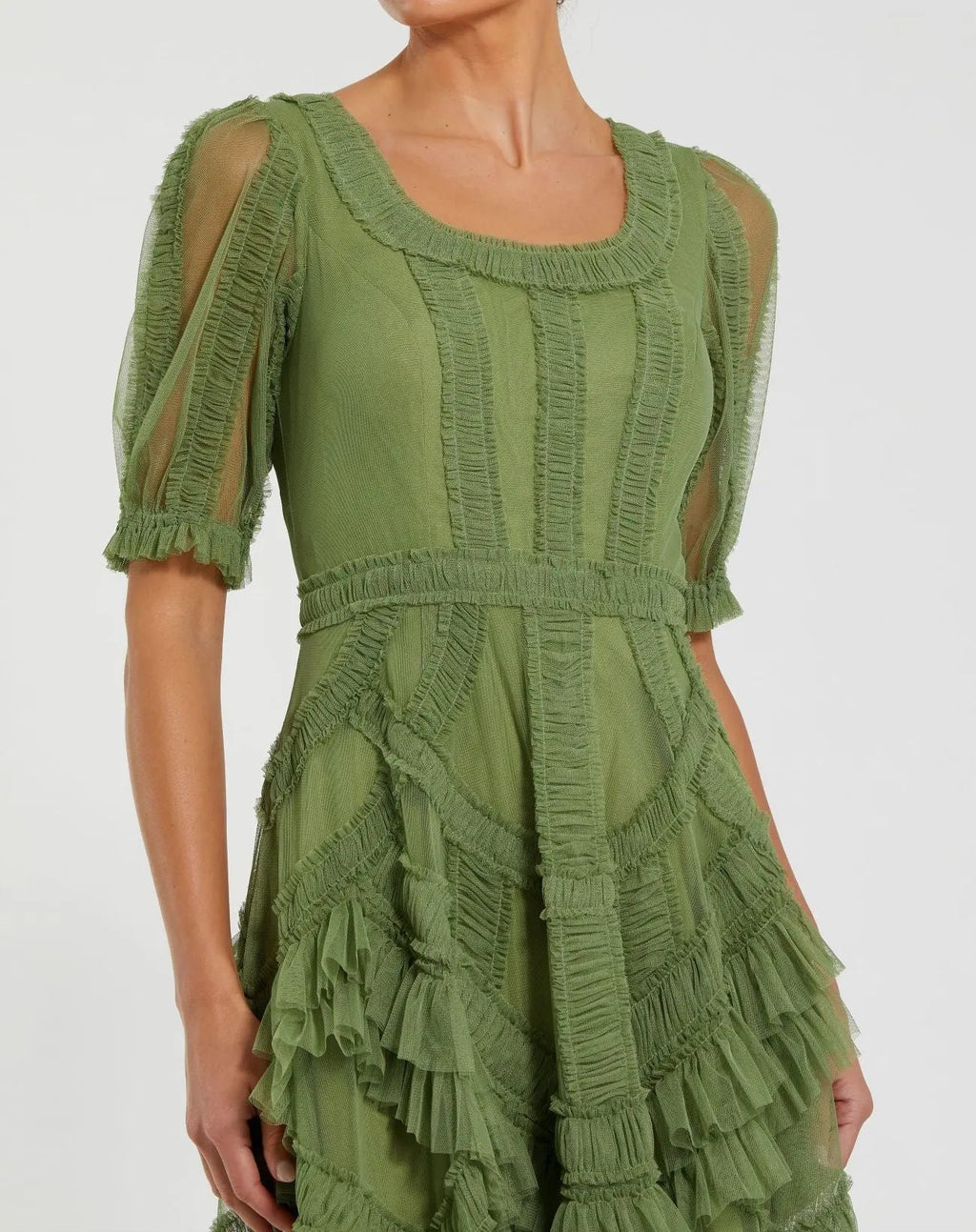 Green Short Sleeve Micro Ruffle Midi Dress