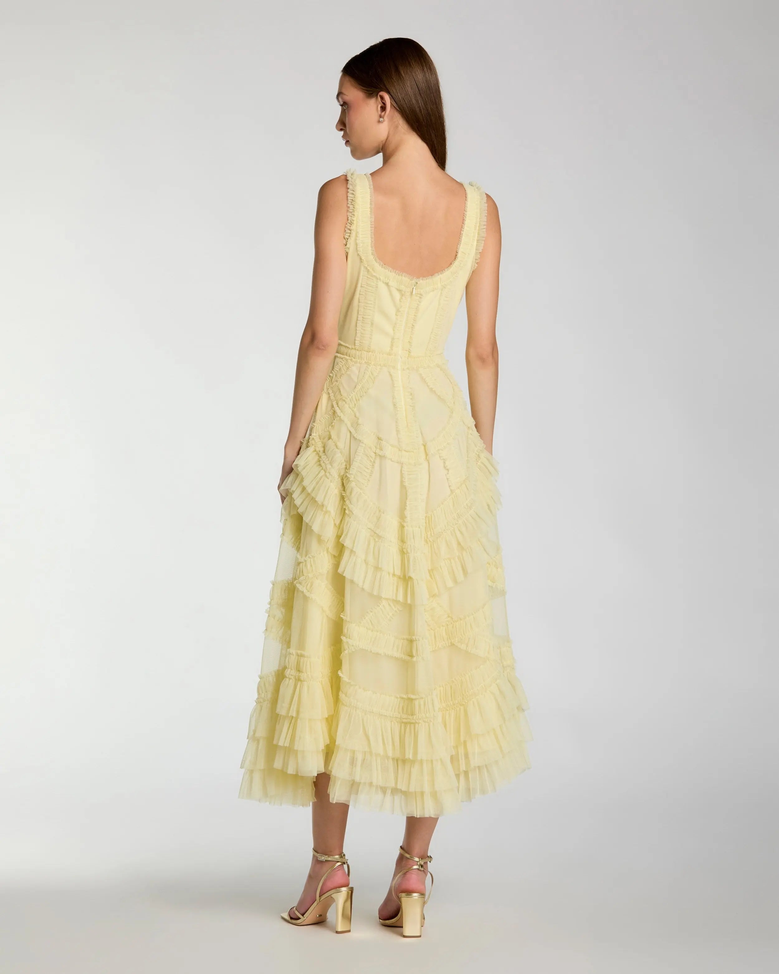 Yellow Scoop Neck Sleeveless Micro Ruffle Midi Dress