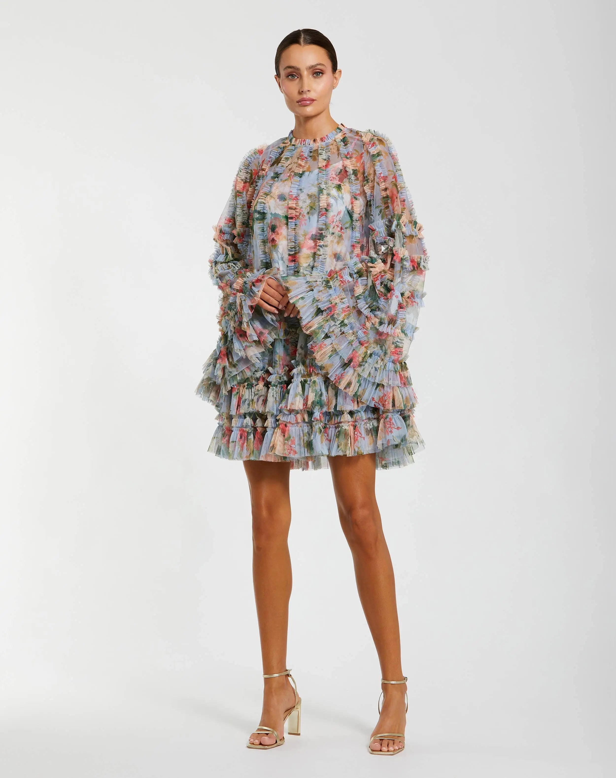 Blue Printed Mesh Ruffle High Neck Mini Dress