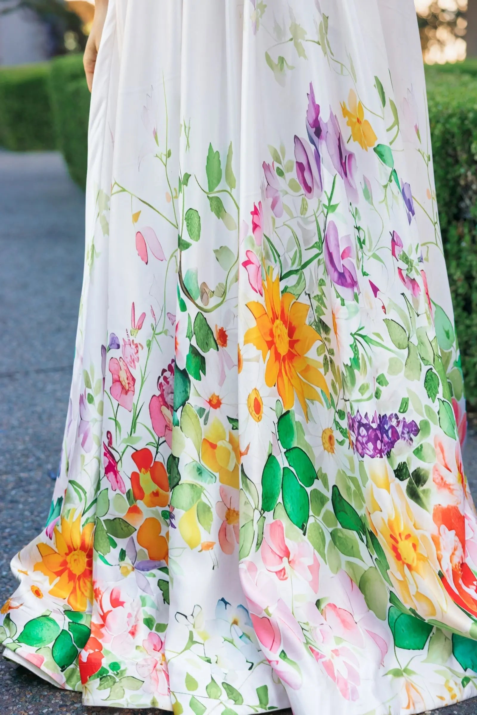 White Floral Print Strapless Satin A Line Gown With Pockets