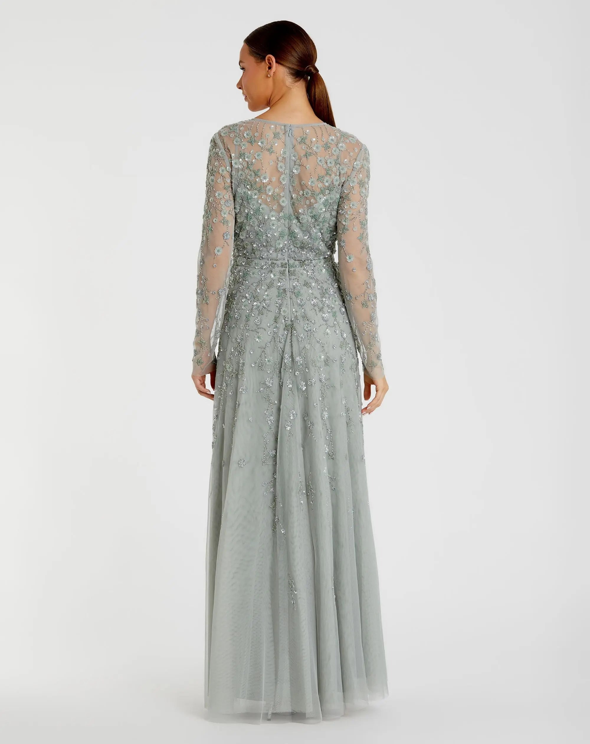 Green Embellished Wrap Over Illusion Long Sleeve A Line Gown - FINAL SALE