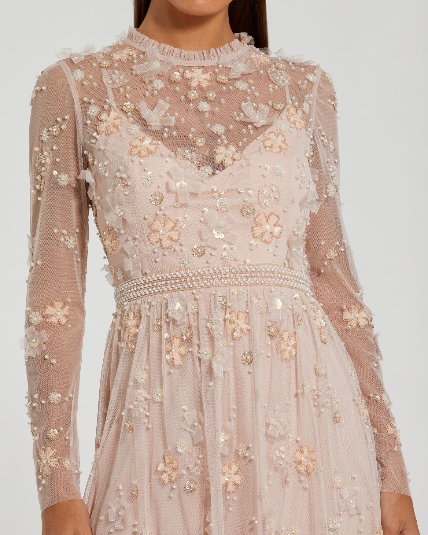 Light Pink Sheer Long Sleeve Embellished Mini Dress