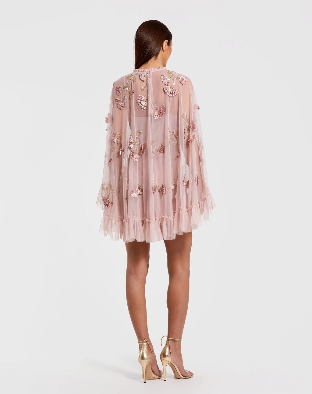 Pink Embellished Long Sleeve Trapeze Dress with Ruffle Hem