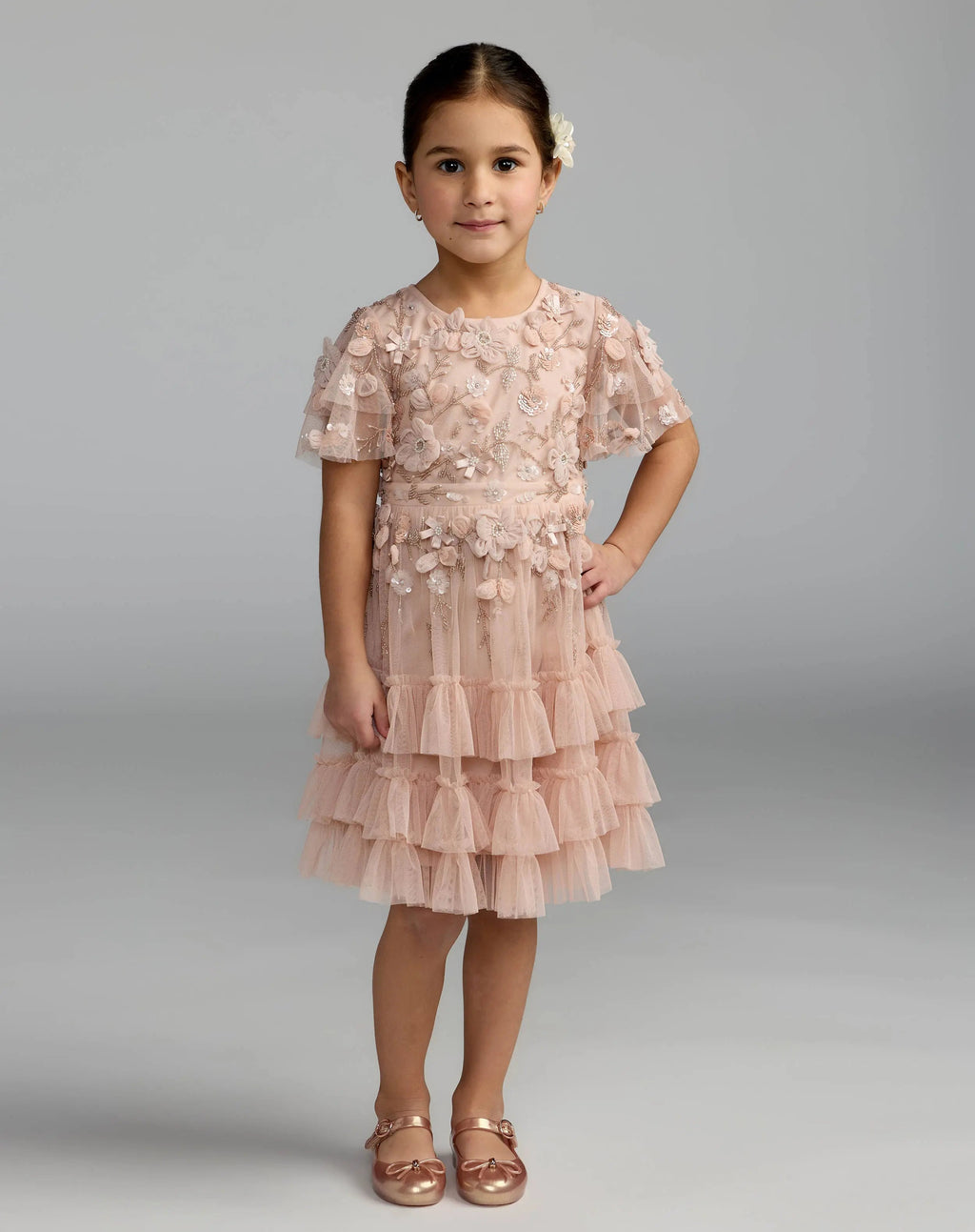 Girls Pink Embellished Flutter Sleeve Ruffle Gown
