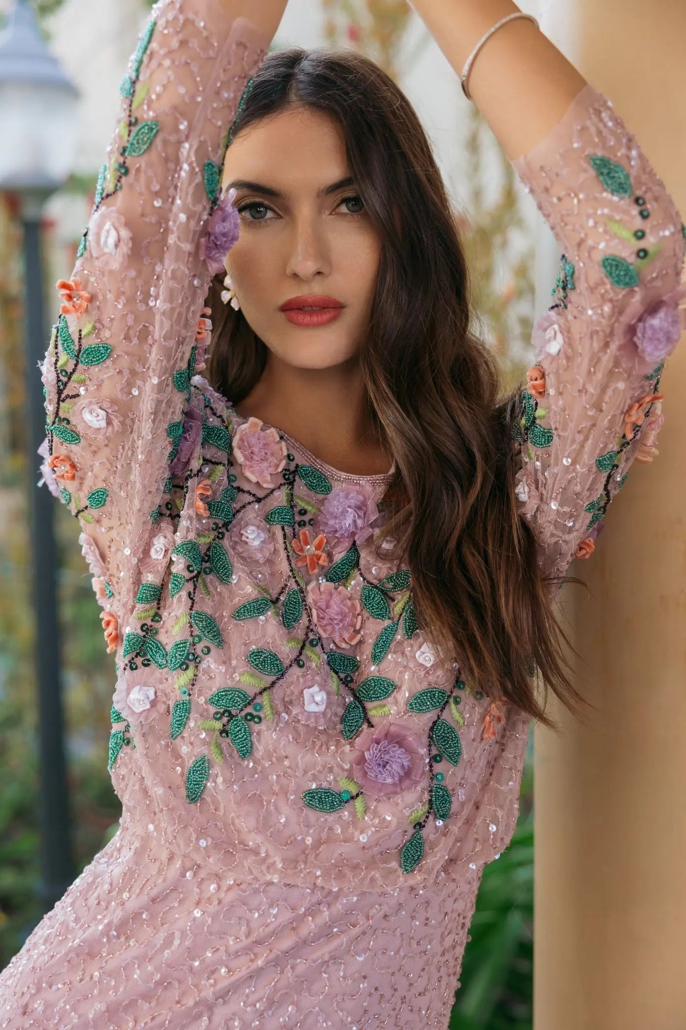 Purple Floral Embellished Long Sleeve Gown