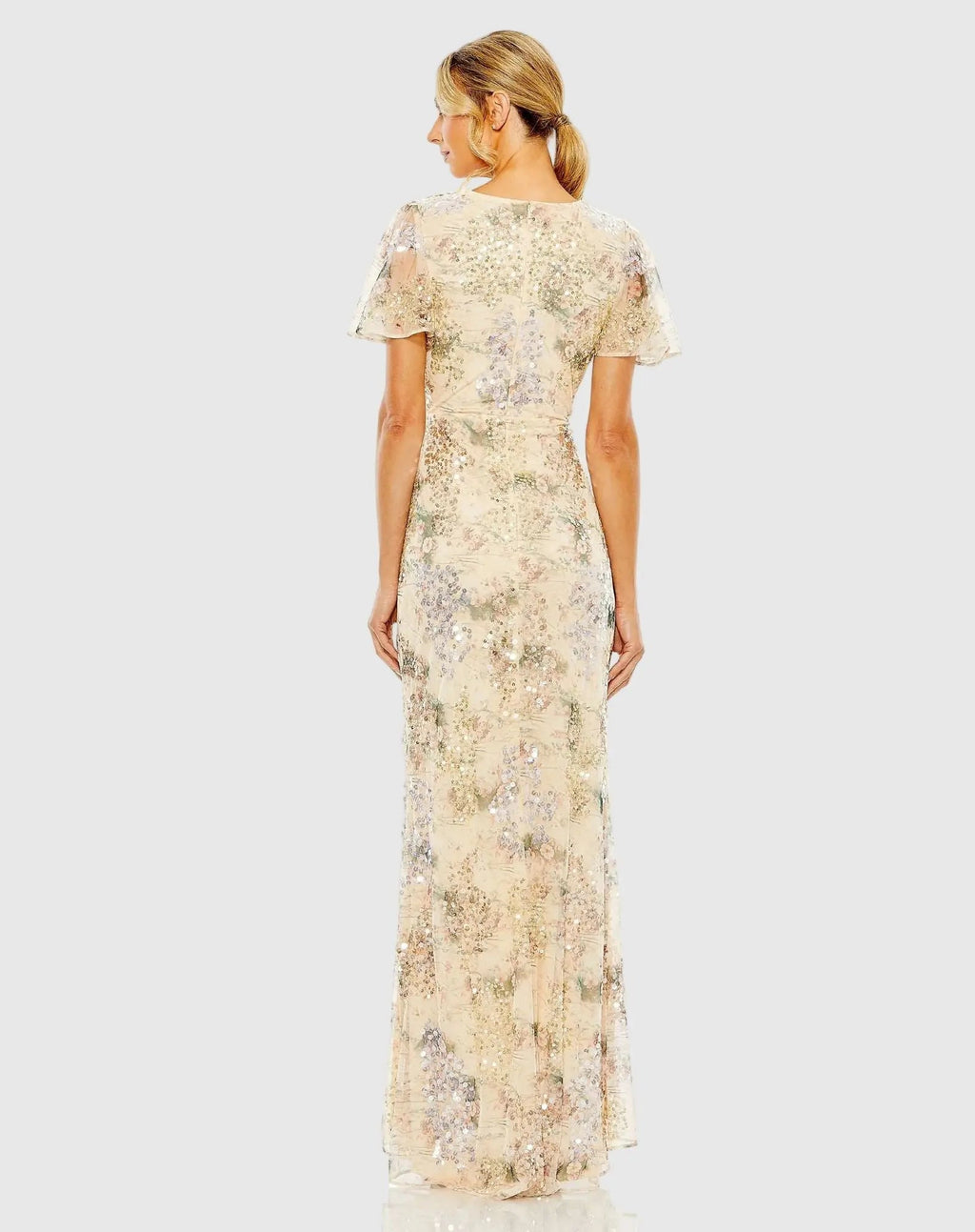 Beige Flutter Sleeve Embellished Evening Gown