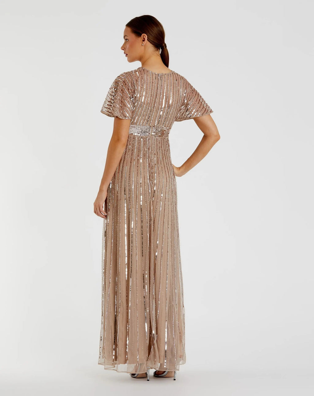 Beige Embellished Short Sleeve Empire Waist Gown