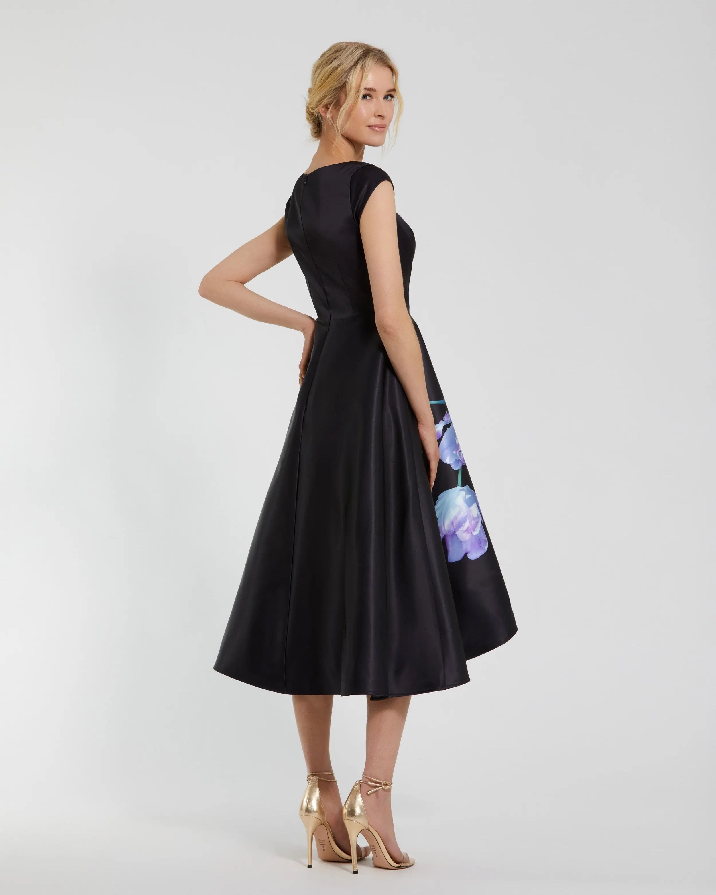 Petite Black Satin Cap Sleeve Midi Dress With Floral Print