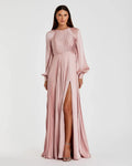 Petite Pink Pleated High Neck Raglan Long Sleeve Side Slit Gown
